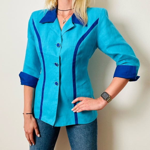 Vintage Hernandez 100% linen button down padded shoulders blazer blouse top - Picture 4 of 8